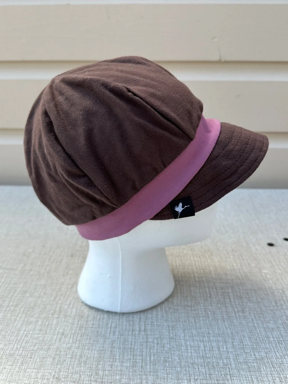Brown & pink organic cotton blend stretch baseball style cap hat + flower accent